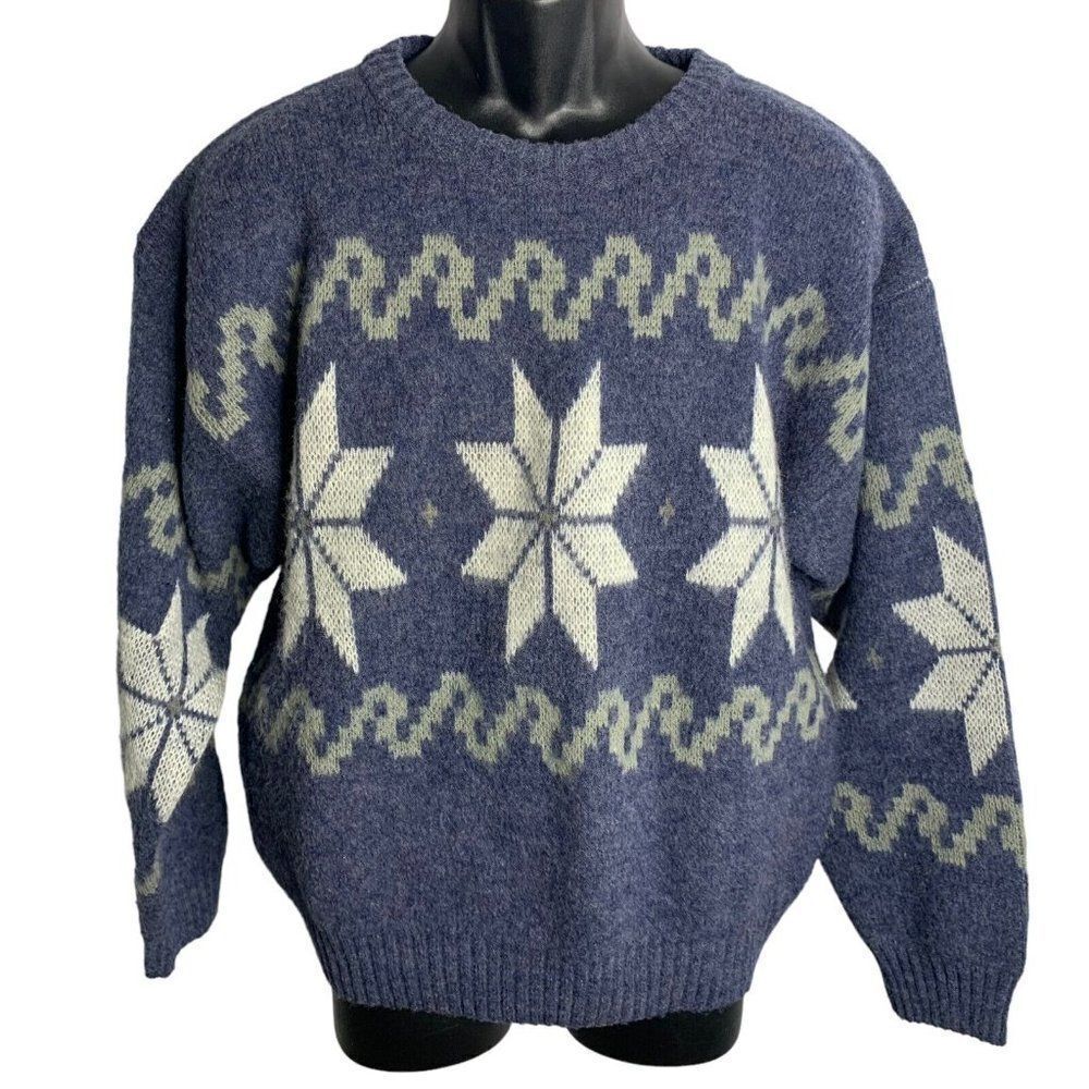 Vintage 90s Architect Crewneck Sweater L Blue Wool Blend Pullover Snowflakes